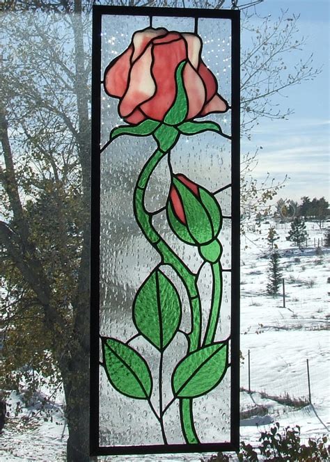 Stained Glass Rose With Rosebud Window Panel Etsy