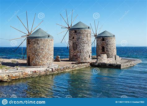 The Windmills In Chios Island Greece Stock Photo Image Of Romantic