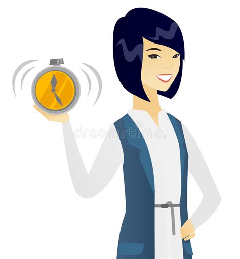 Young Asian Business Woman Holding Alarm Clock Stock Vector