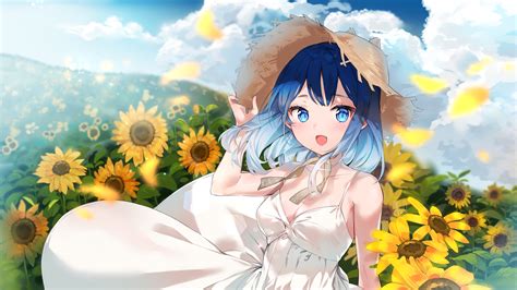 Blue Eyes Blue Hair Hat Short Hair Sunflower Hd Anime Girl Wallpapers