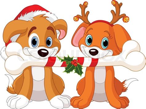 Cartoon portrait a dog with a christmas present vector. Two Christmas dogs | Stock Vector | Colourbox