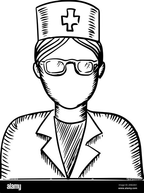 Black And White Sketch Of A Female Doctor Or Nurse Wearing Glasses And