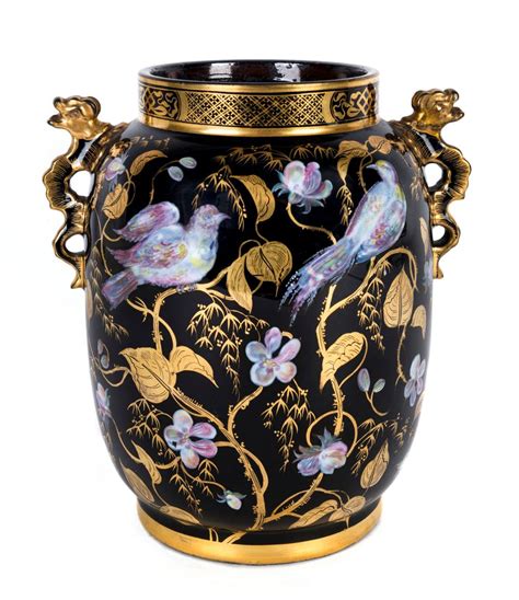 Sold At Auction Moser Black Glass Vase With Enamel Bird And Floral Decoration With Finely