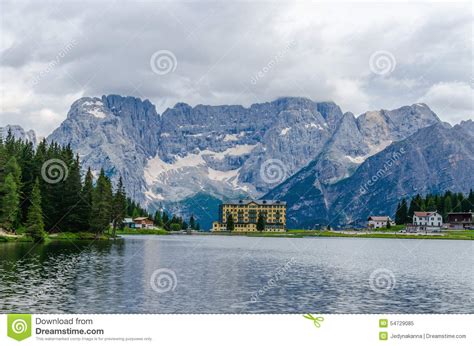 Lake Misurina With Hotel In Italy Stock Image Image Of Mountains