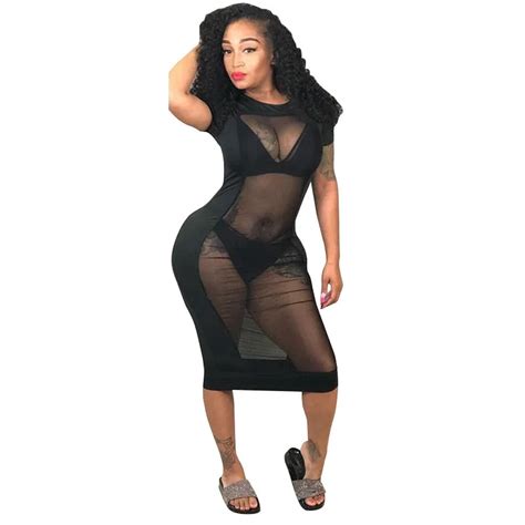 Sexy Black Perspective Mesh Patchwork Hollow Out Dress Womens Party Nightclub Skinny Dress
