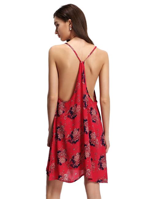 Red L Sexy Spaghetti Strap Floral Print Backless Sleeveless Chiffon