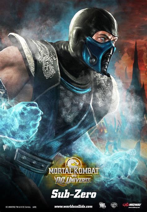 The warner bros logo appears with fire burning beneath it, while the new line cinema logo gets covered in ice; Sub-Zero - Poster - Mortal Kombat vs. DC Universe Artwork ...