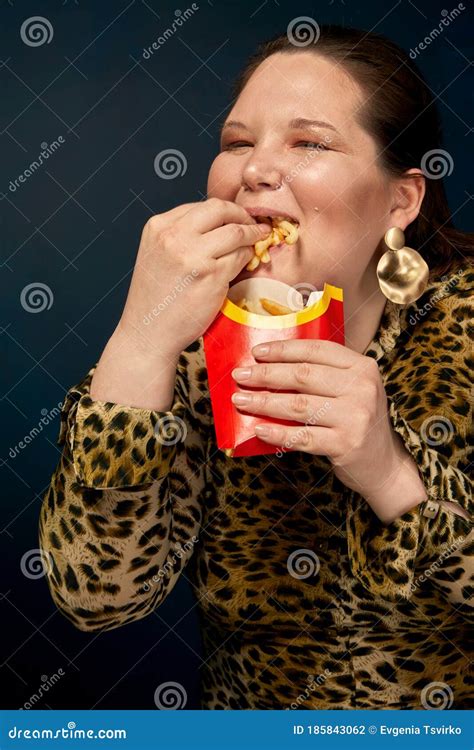 A Fat Girl Is Not Appetizing Disgusting French Fries From A Glass The