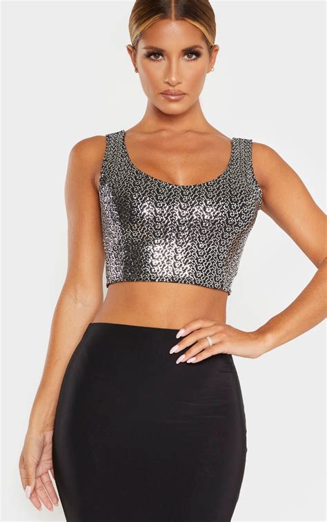 Silver Sequin Crop Top Tops Prettylittlething Ca