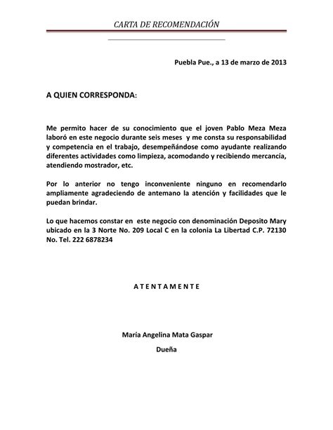 Carta Recomendacion Pablom By Hilario Issuu