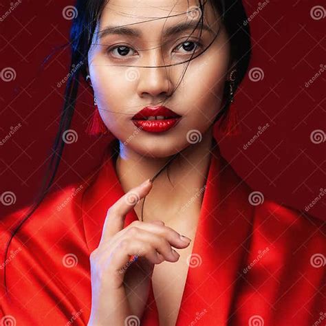 Asian Beauty Woman With Red Lips Make Up Chinese Beautiful Model Face