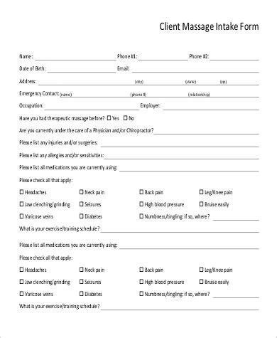 sample massage intake form  examples  word