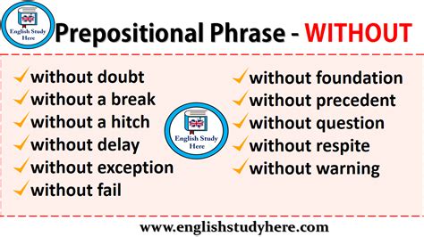 Examples of common prepositions include in, to, out, on, before, and after. Prepositional Phrases - WITHOUT - English Study Here