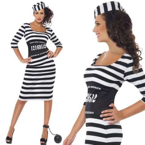 Ladies Convict Prisoner Fancy Dress Costume Womens Jailbird Robber
