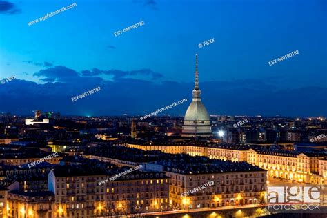 Turin Skyline At Dusk Torino Italy Panorama Cityscape With The Mole