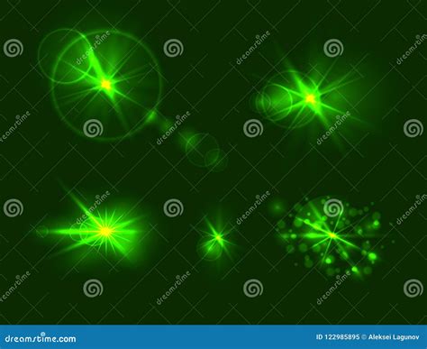 Vector Set Of Glares Green Gowing Light Spots Different Shine Effects