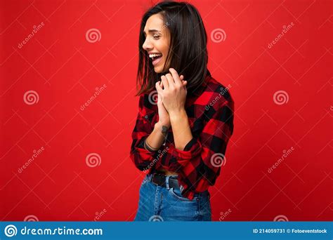 Photo Of Young Beautiful Happy Smiling Brunette Woman Wearing Trendy White T Shirt And Red Check