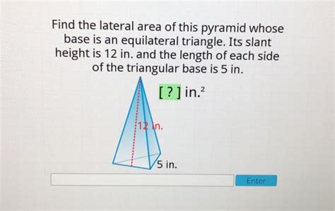 A regular triangular pyramid with a slant height of 9 m has a volume equal to 50 m³. Lateral Area Of A Pyramid - slideshare