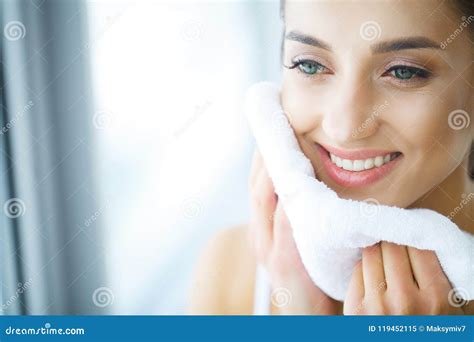 Face Washing Happy Woman Drying Skin With Towel Stock Image Image Of