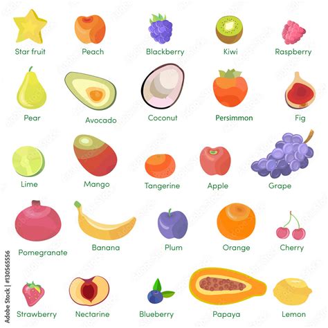 Set Of Colorful Cartoon Fruit Icons Apple Pear Strawberry Orange