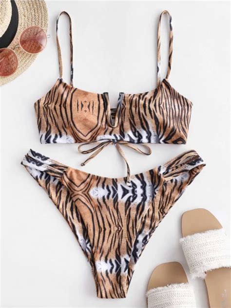 Zaful V Wired Animal Print High Leg Bikini Swimsuit Leopard Tiger