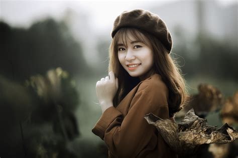 4500x3002 model depth of field woman brown eyes girl smile asian brunette cap