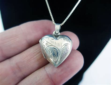 Vintage Sterling Silver Etched Heart Locket Necklace Retro Puffy