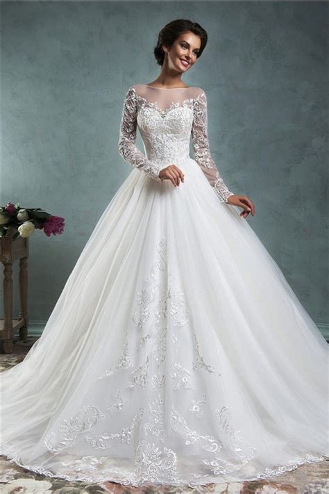 Fairy Ball Gown Illusion Neckline Long Sleeve Tulle Lace