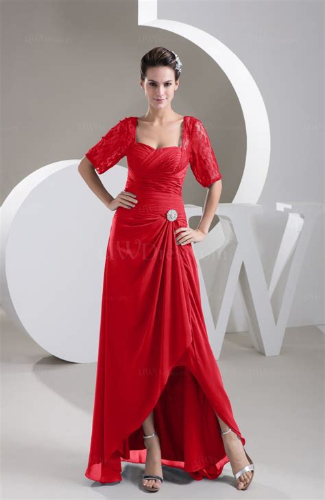 Red With Sleeves Bridesmaid Dress Chiffon Classy Apple Trendy Plain