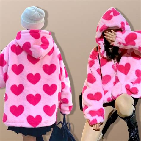 Harajuku Love Heart Fuzzy Jacket Coat Etsy