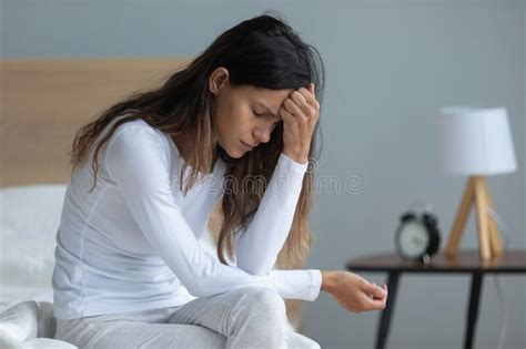 Unhappy Woman Waking Up In Bed Feeling Neck Back Pain Stock Image