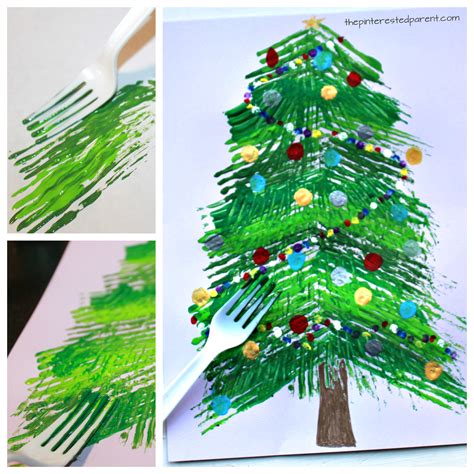 Add small dollops of paint in the order of a rainbow outlining the trees you sketched earlier. Fork Painted Christmas Tree - The Pinterested Parent