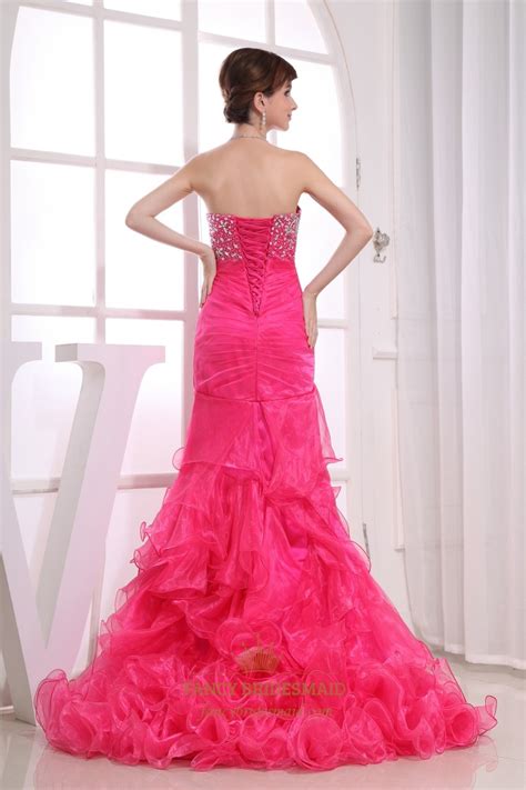 Hot Pink Strapless Prom Dress Organza Ruffle Prom Dress Long Organza