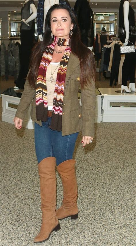 Kyle Richards In Colorful Scarf With Army Jacket And Over The Knee Boots