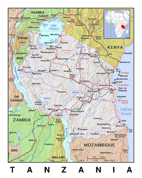 Detailed Political Map Of Tanzania With Relief Tanzania Africa