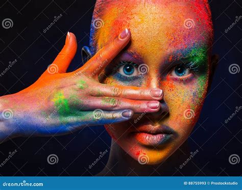Model With Colorful Art Make Up Close Up Stock Image Image Of Glamour Flow