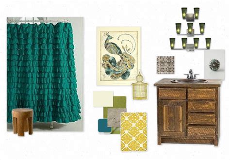 Coordinating countertop pieces are crafted of stoneware and feature a geometric motif with an ombre design of exotic colors resembling those found on peacock feathers. creatively christy: Peacock Bathroom