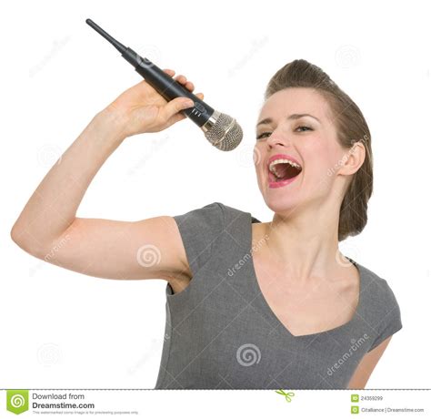 Cheerful Woman Singing In Microphone Isolated Stock Image ...