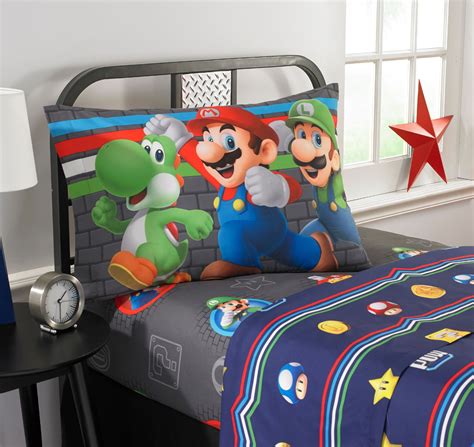 Super Mario Kids Twin Sheet Set Gaming Bedding Blue And Gray