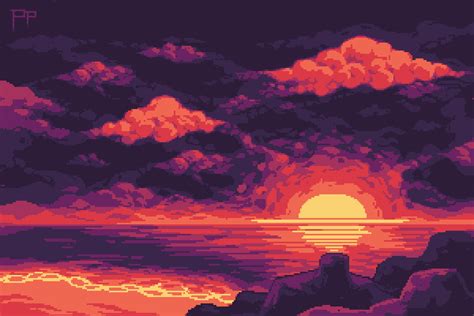 Sunset Beach Pixel Art Landscape Desktop Wallpaper