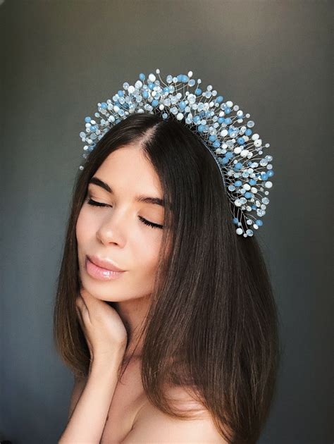 Blue Tiara Crystal Crown Bridal Tiara Blue Headpiece Etsy