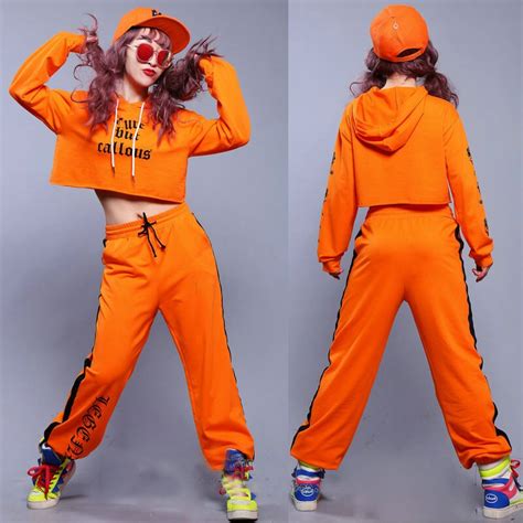 Korean Adult Hip Hop Dance Suit Loose Jacket Orange Jazz Costume Cropped Hooded Top Pants Modern