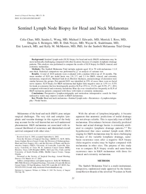 Pdf Sentinel Lymph Node Biopsy For Head And Neck Melanomas Celia