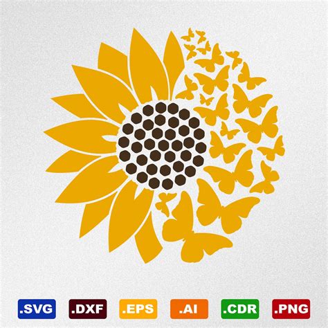 Sunflower Butterflies Svg Dxf Eps Ai Cdr Vector Files For Etsy