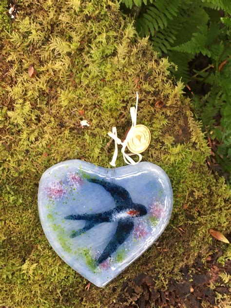 Glass Heart With Swallows Fused Glass Heart Etsy Uk