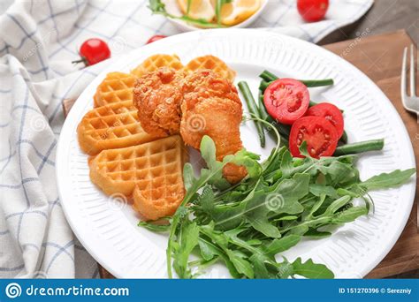 Heart Shaped Waffles With Chicken And Vegetables On Plate Stock Photo