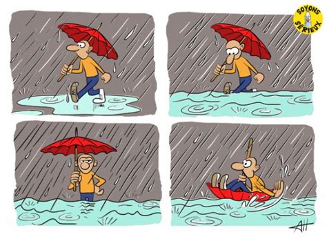 Chaussées inondées et plusieurs interventions des pompiers en cours. Spécial "BANDES DESSINÉES SUR LES INTEMPÉRIES" - Dessin n ...