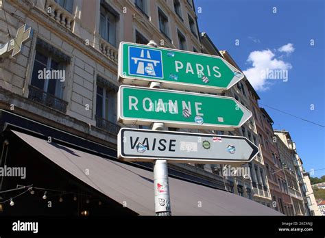 Colorful View Of French Road Signs Here Located In Lyon France Stock