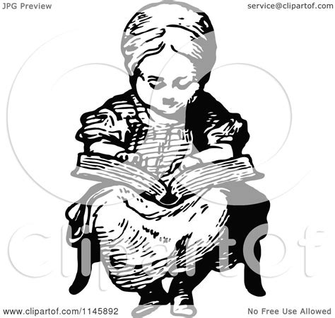 Clipart Of A Retro Vintage Black And White Girl Reading A Story