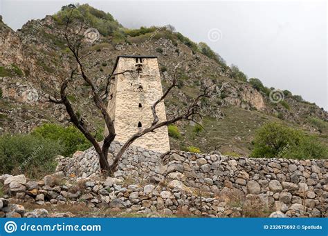 Ancient Watchtower Abaev In Upper Balkaria In Autumn Stock Photo